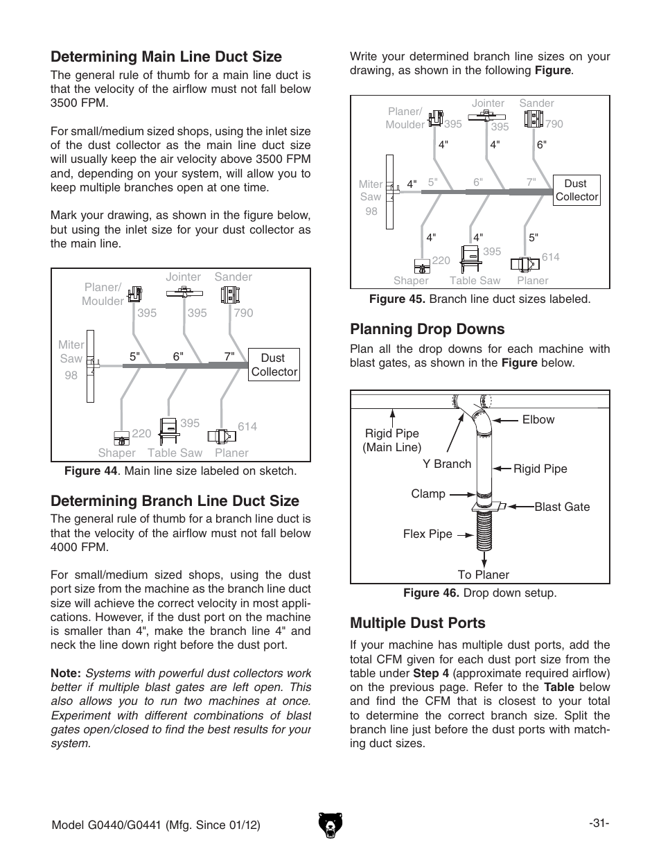 Determining branch line duct size, Planning drop downs multiple dust ports, Determining main line duct size | Grizzly Cyclone s G0440 User Manual | Page 33 / 56