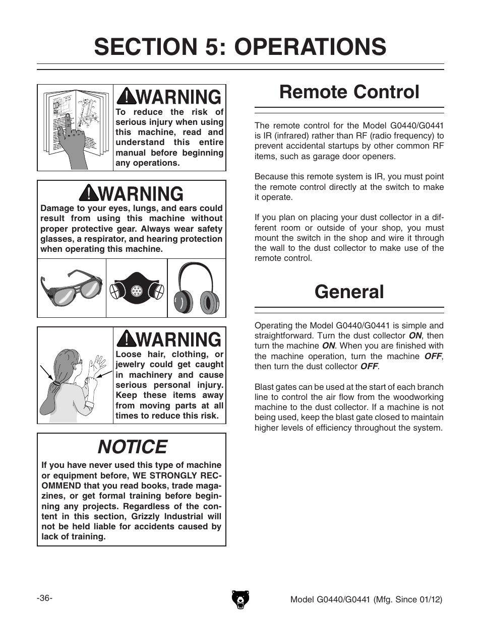 Notice, Remote control, General | Grizzly Cyclone s G0440 User Manual | Page 38 / 56