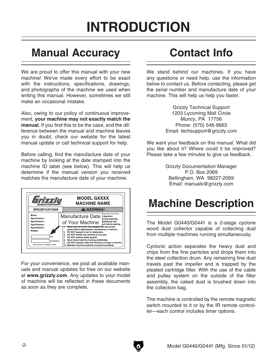 Introduction, Machine description, Contact info | Manual accuracy | Grizzly Cyclone s G0440 User Manual | Page 4 / 56