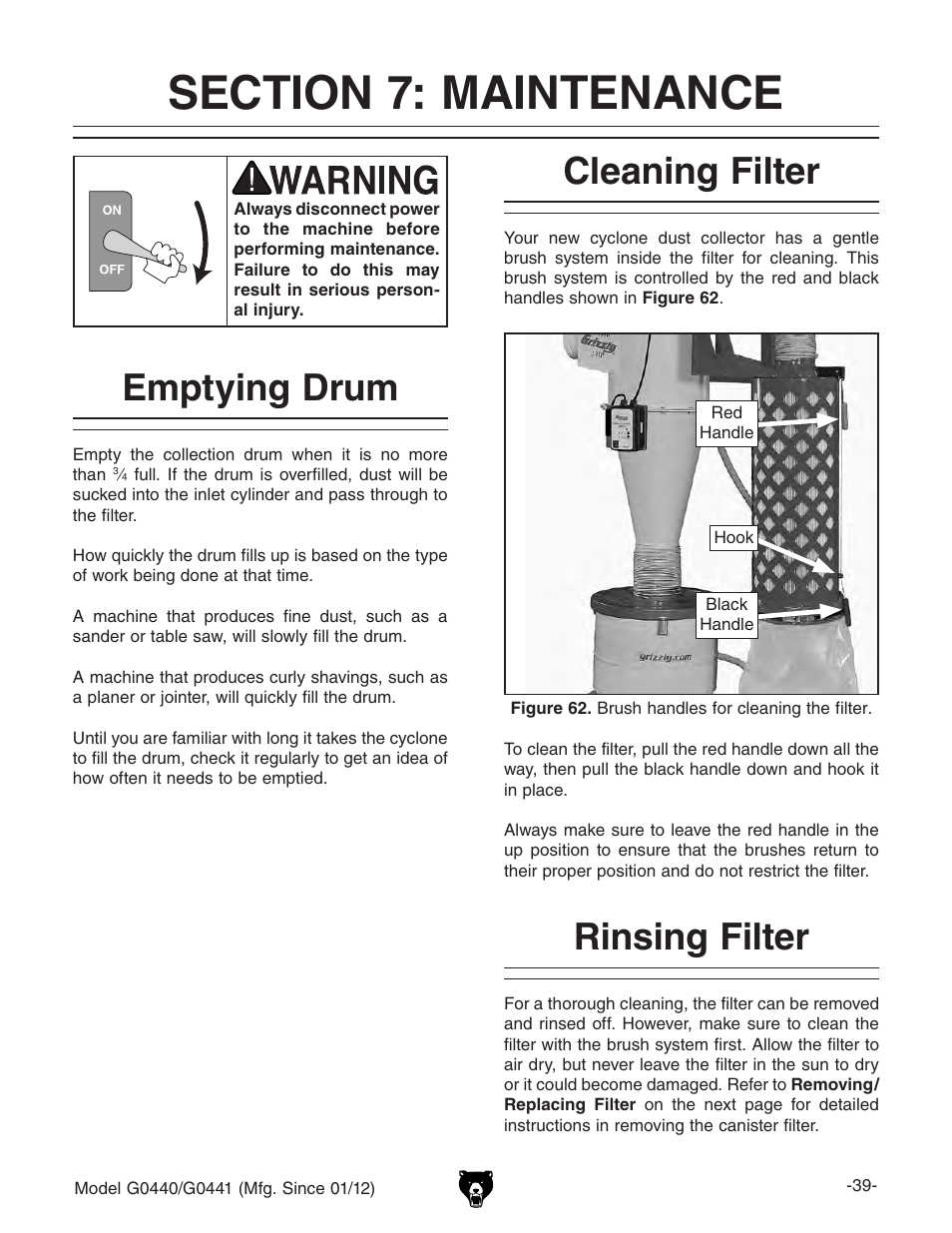 Emptying drum, Cleaning filter, Rinsing filter | Grizzly Cyclone s G0440 User Manual | Page 41 / 56