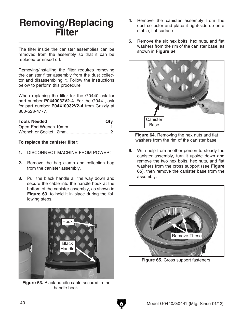 Removing/replacing filter | Grizzly Cyclone s G0440 User Manual | Page 42 / 56