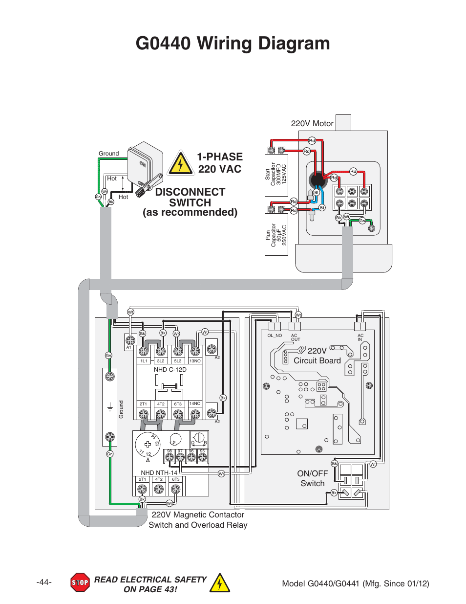 G0440 wiring diagram, Disconnect switch (as recommended) 1-phase 220 vac, Dc$d;; hl^ix | Grizzly Cyclone s G0440 User Manual | Page 46 / 56