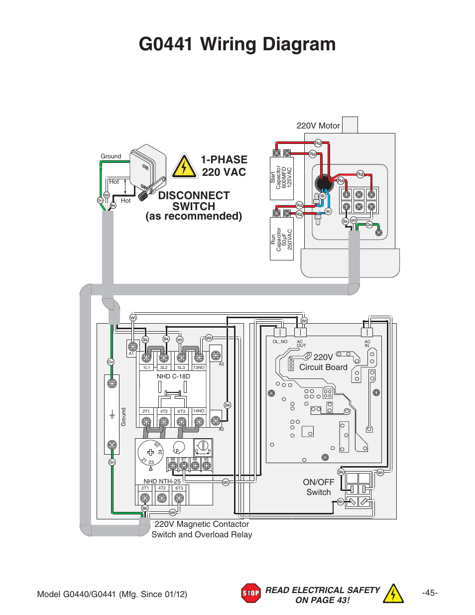 G0441 wiring diagram, Disconnect switch (as recommended) 1-phase 220 vac, Dc$d;; hl^ix | Grizzly Cyclone s G0440 User Manual | Page 47 / 56