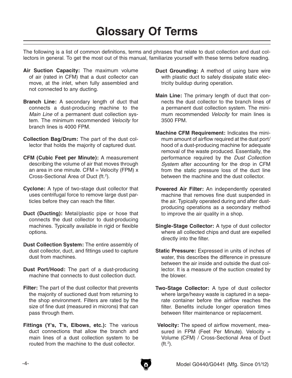 Glossary of terms | Grizzly Cyclone s G0440 User Manual | Page 6 / 56