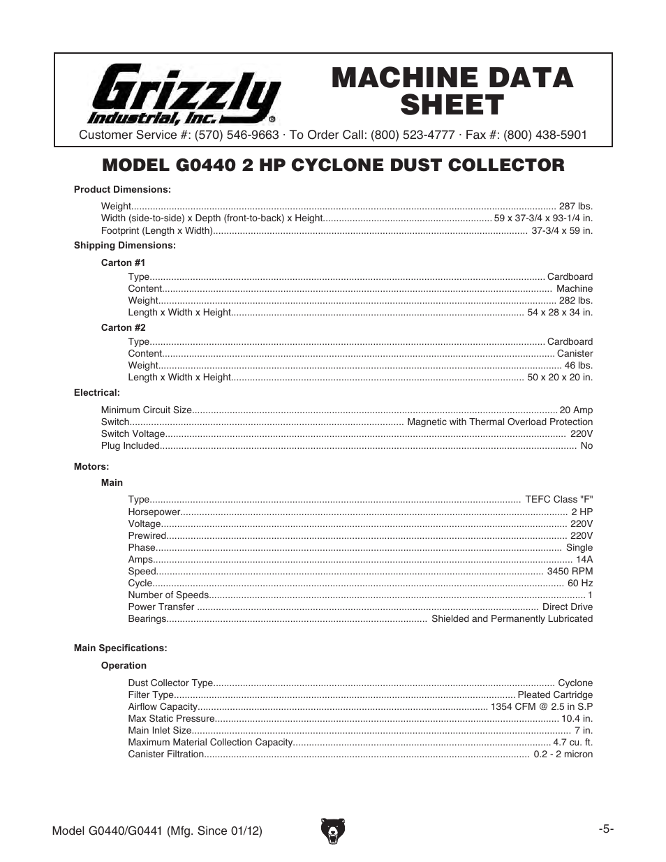 G0440 machine data sheet | Grizzly Cyclone s G0440 User Manual | Page 7 / 56