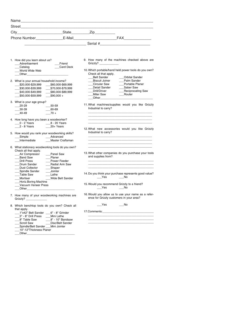 Warranty card | Grizzly H3141 User Manual | Page 17 / 20
