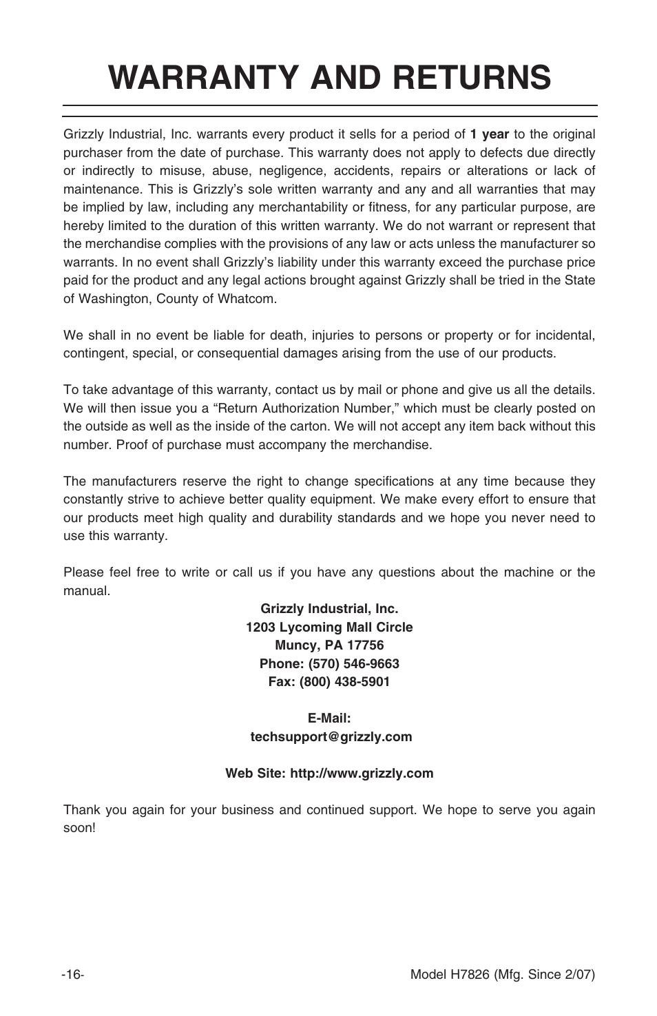 Warranty and returns | Grizzly H7826 User Manual | Page 18 / 20