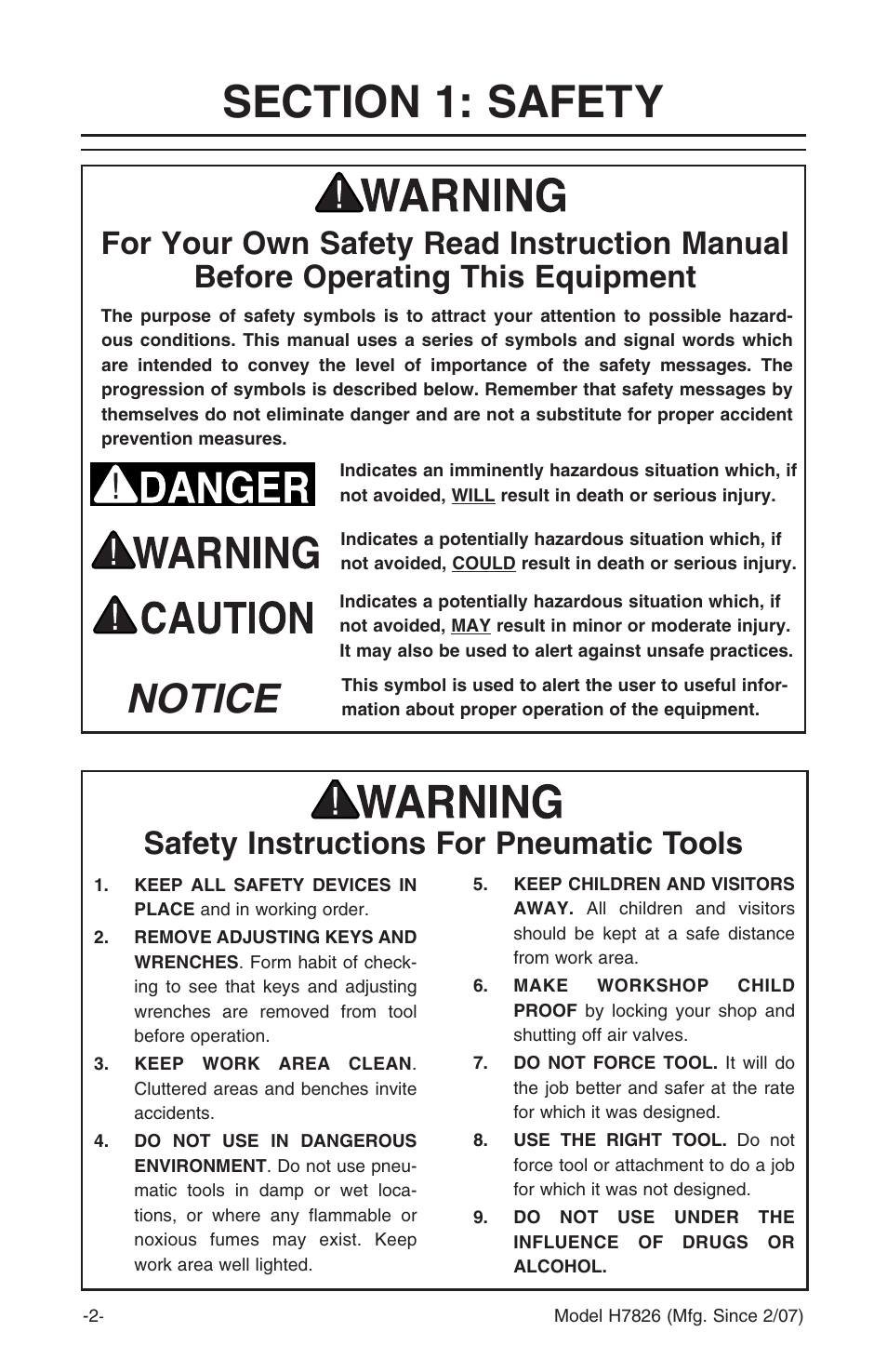 Notice, Safety instructions for pneumatic tools | Grizzly H7826 User Manual | Page 4 / 20
