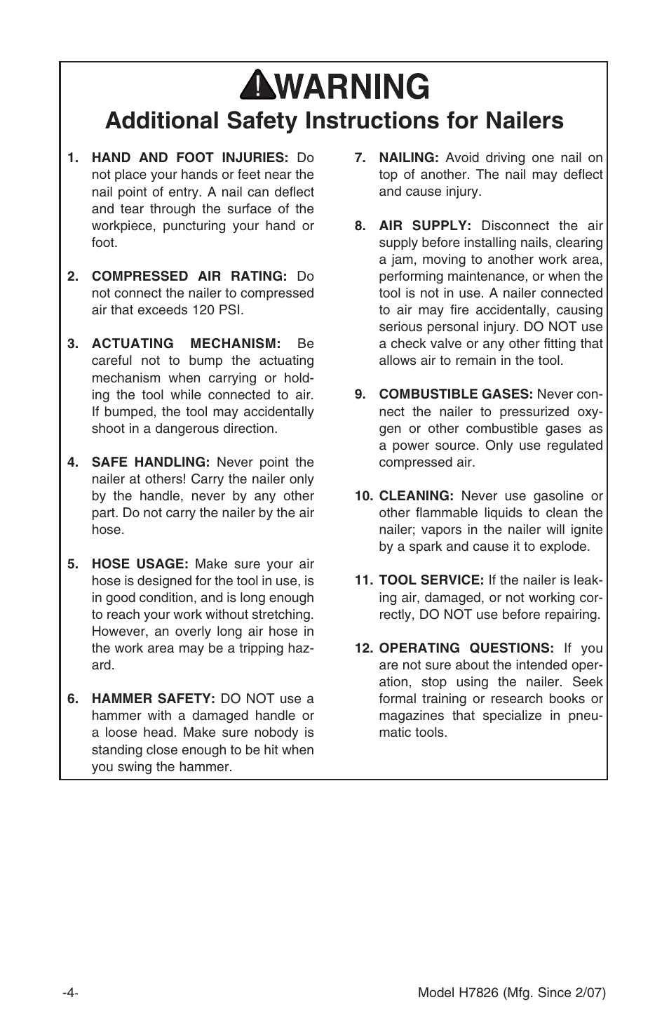 Additional safety instructions for nailers | Grizzly H7826 User Manual | Page 6 / 20