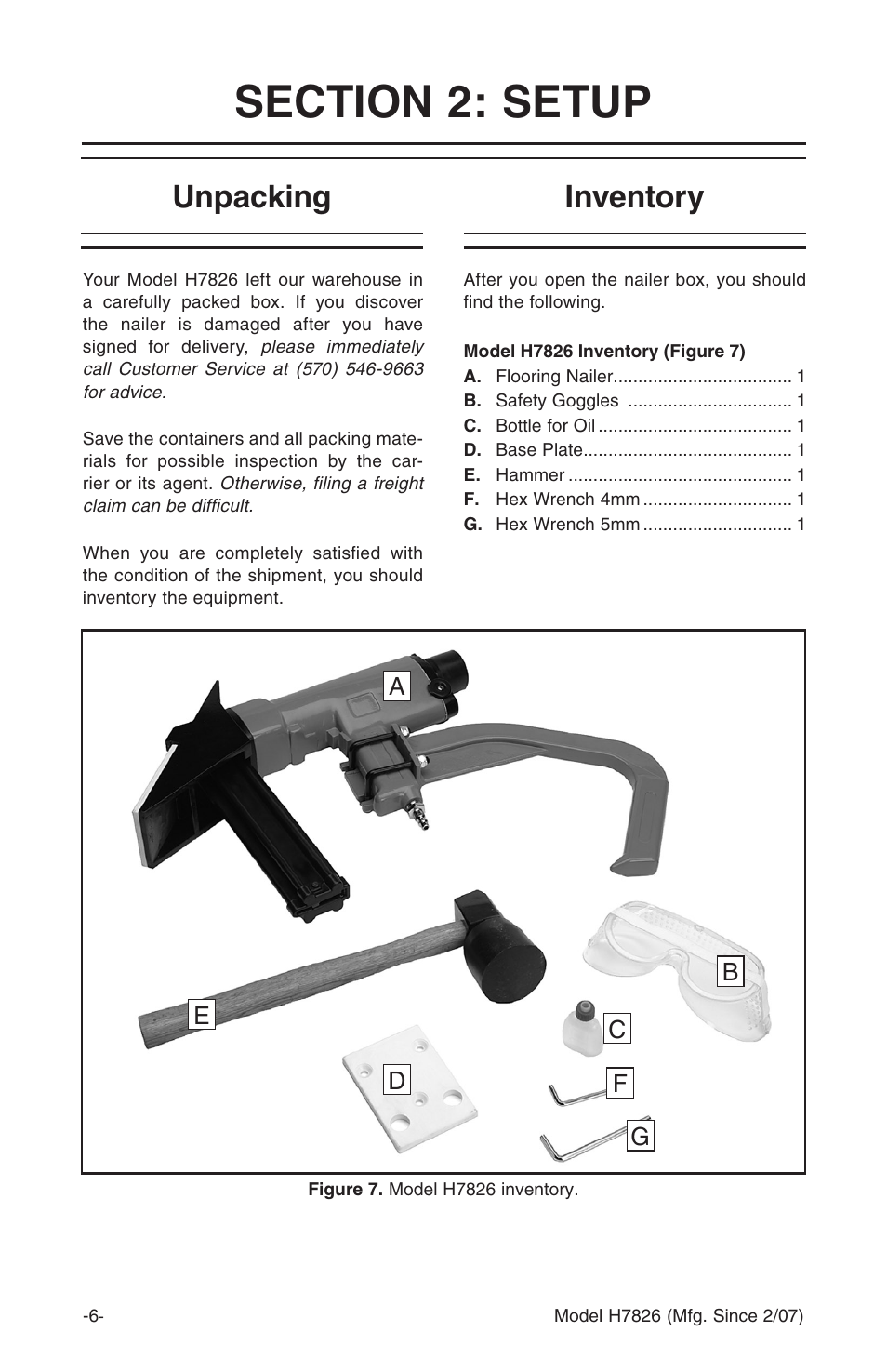 Unpacking, Inventory | Grizzly H7826 User Manual | Page 8 / 20