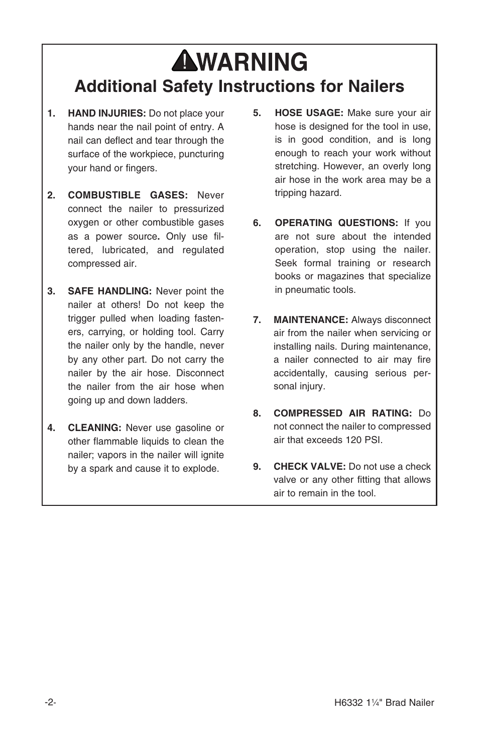 Additional safety instructions for nailers | Grizzly H6332 User Manual | Page 4 / 20