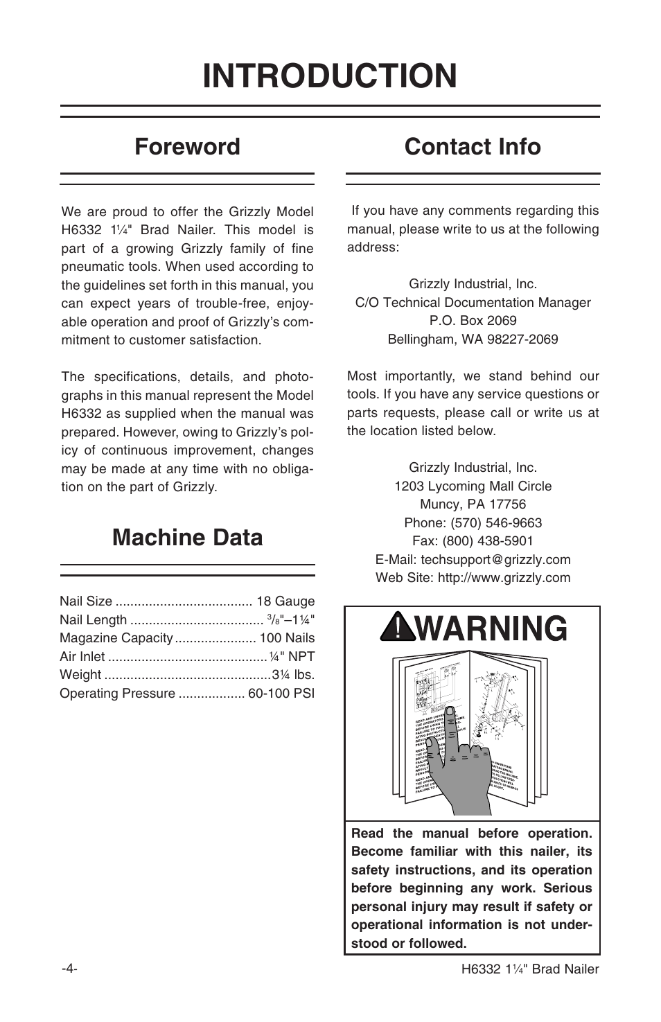 Introduction, Foreword contact info machine data | Grizzly H6332 User Manual | Page 6 / 20