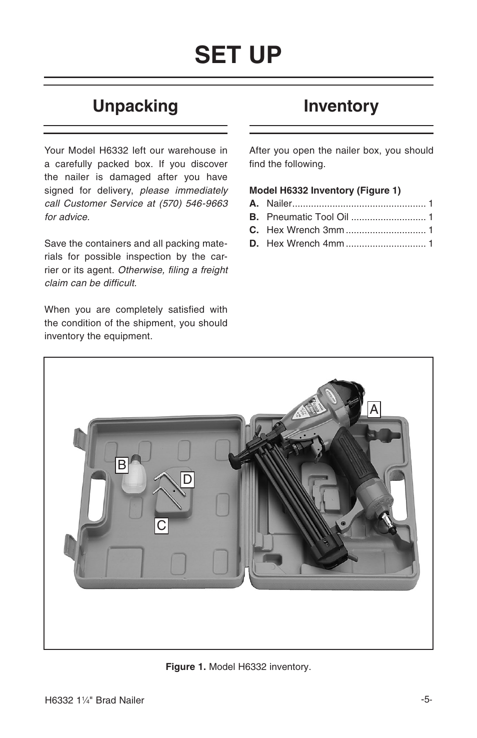 Set up, Unpacking, Inventory | Bc d a | Grizzly H6332 User Manual | Page 7 / 20