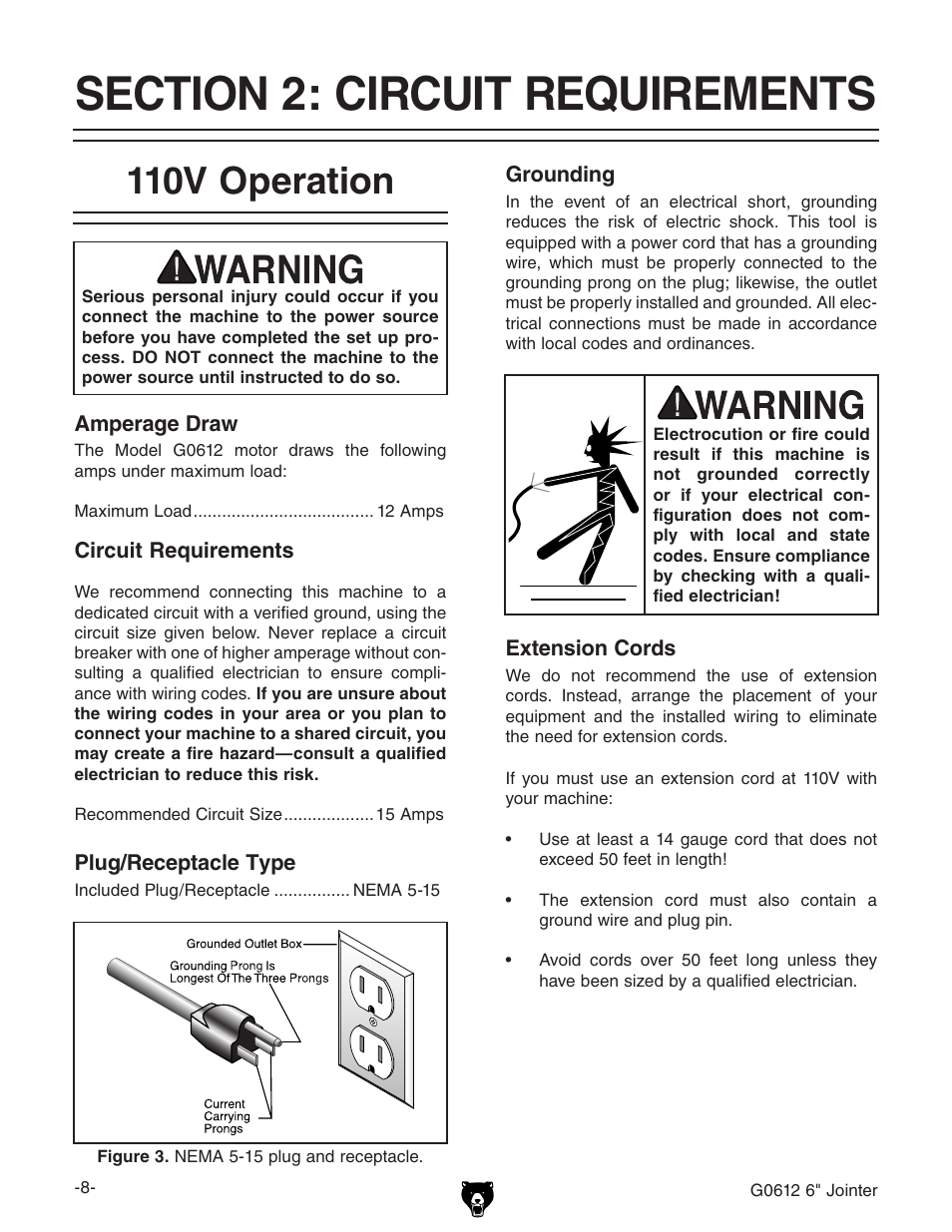 110v operation | Grizzly G0612 User Manual | Page 10 / 44