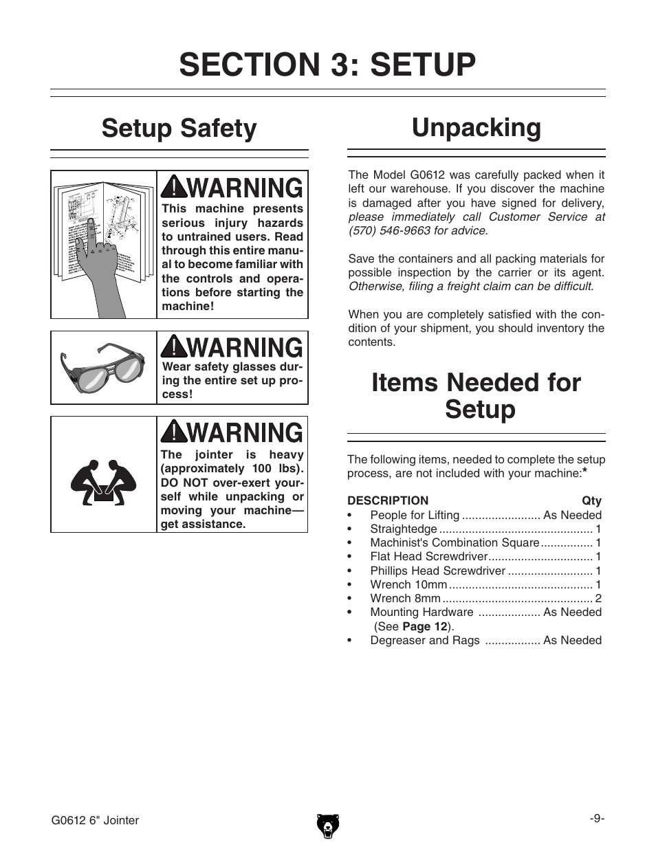 Setup safety, Unpacking items needed for setup | Grizzly G0612 User Manual | Page 11 / 44