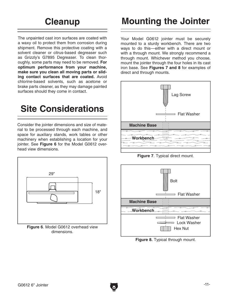 Site considerations cleanup, Mounting the jointer | Grizzly G0612 User Manual | Page 13 / 44