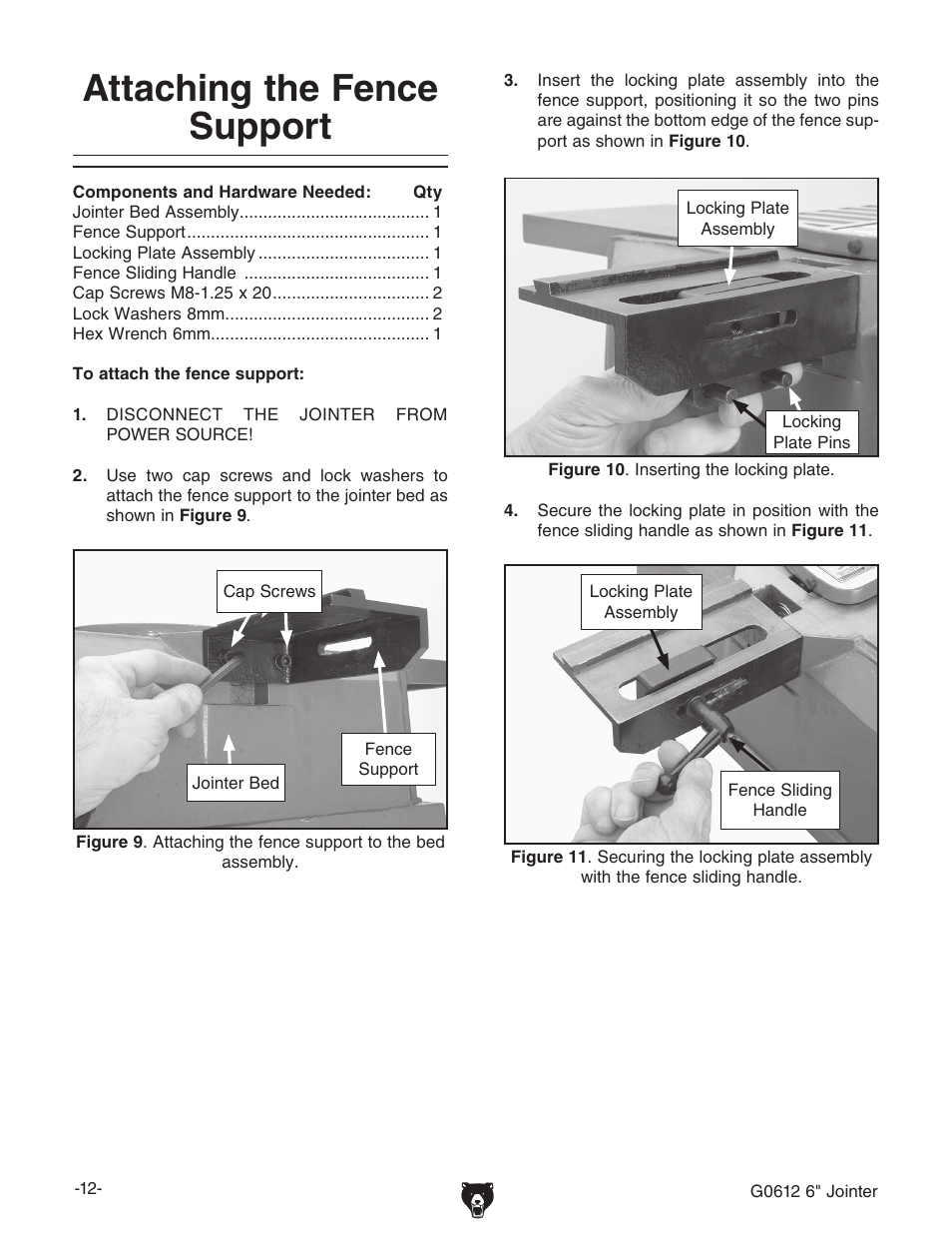 Attaching the fence support | Grizzly G0612 User Manual | Page 14 / 44