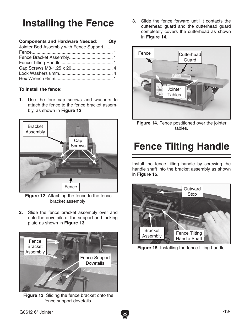Installing the fence, Fence tilting handle | Grizzly G0612 User Manual | Page 15 / 44