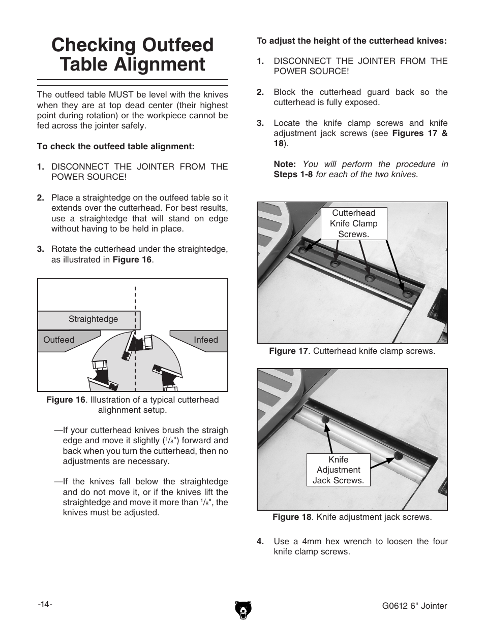 Checking outfeed table alignment | Grizzly G0612 User Manual | Page 16 / 44