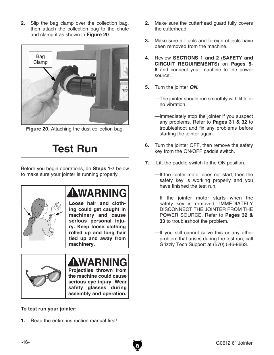 Test run | Grizzly G0612 User Manual | Page 18 / 44