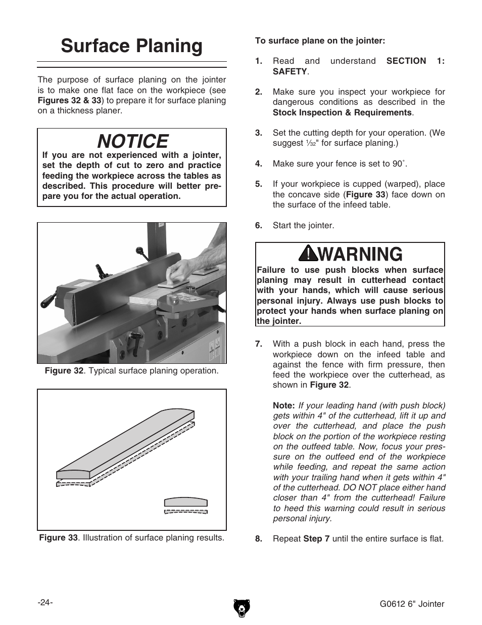 Surface planing notice | Grizzly G0612 User Manual | Page 26 / 44
