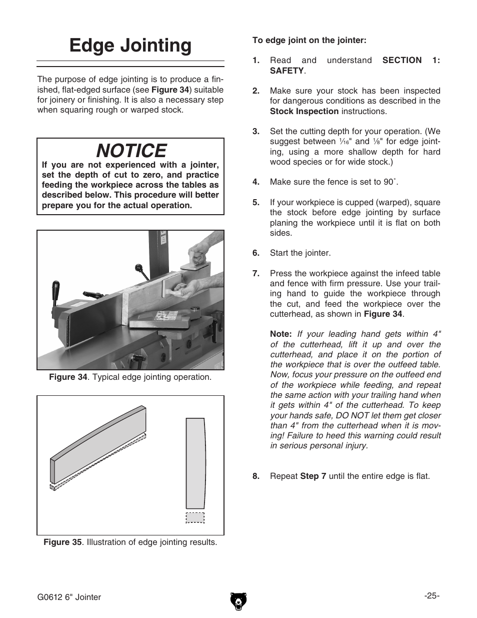 Edge jointing notice | Grizzly G0612 User Manual | Page 27 / 44