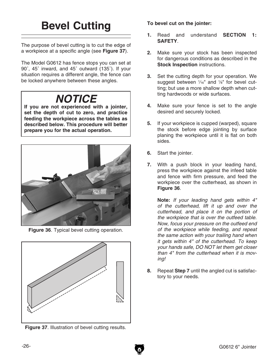 Notice, Bevel cutting | Grizzly G0612 User Manual | Page 28 / 44