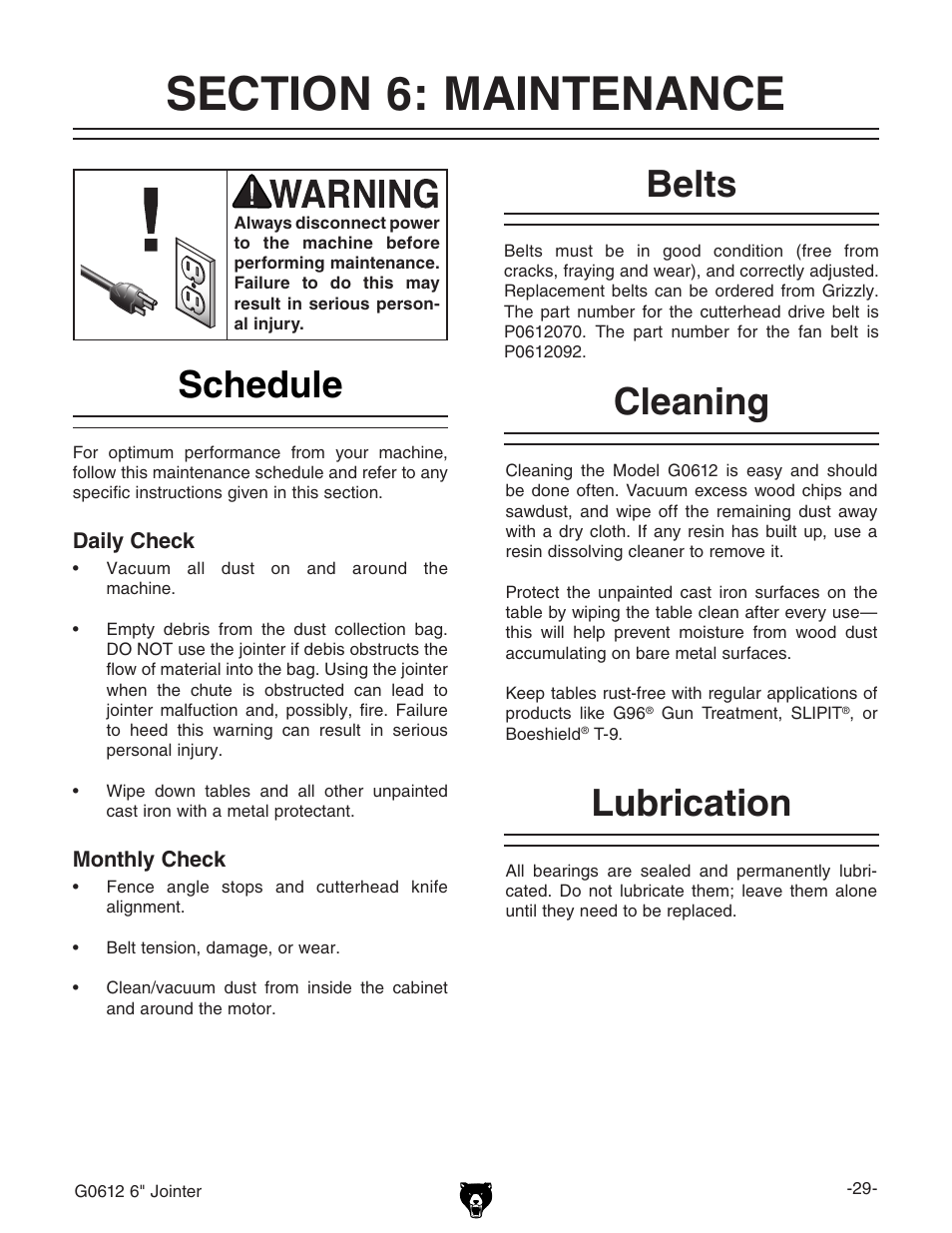 Schedule, Belts cleaning lubrication | Grizzly G0612 User Manual | Page 31 / 44