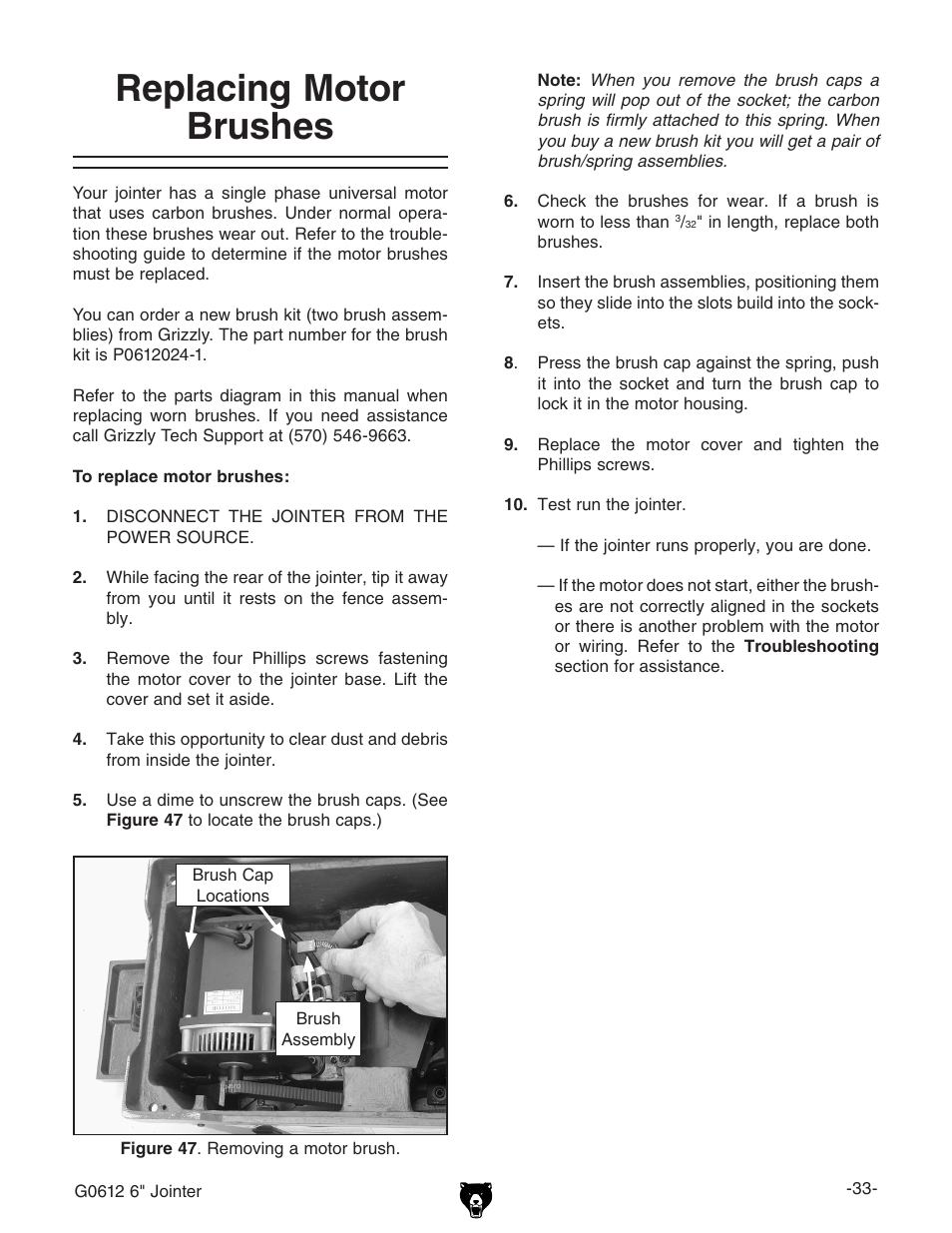 Replacing motor brushes | Grizzly G0612 User Manual | Page 35 / 44