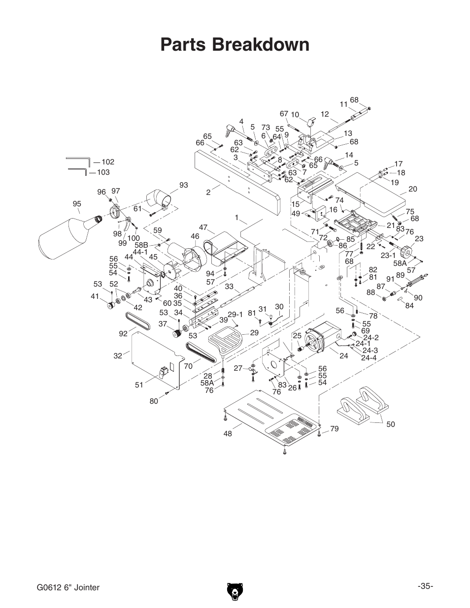 Parts breakdown | Grizzly G0612 User Manual | Page 37 / 44