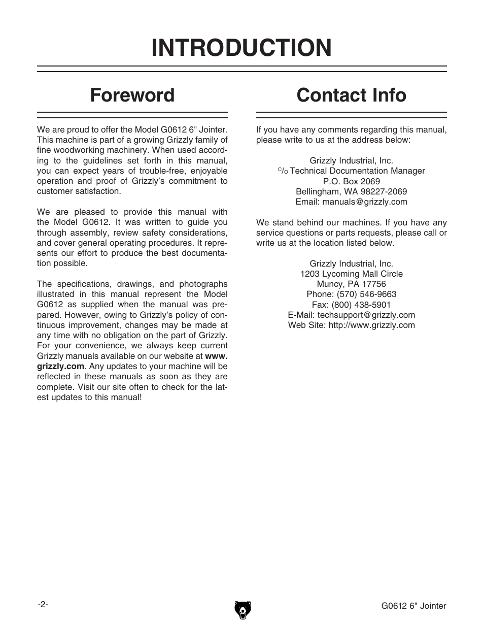 Introduction, Foreword, Contact info | Grizzly G0612 User Manual | Page 4 / 44