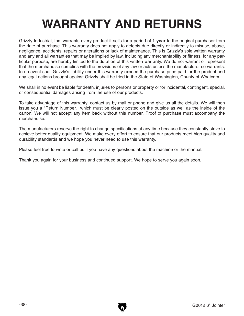 Warranty and returns | Grizzly G0612 User Manual | Page 40 / 44