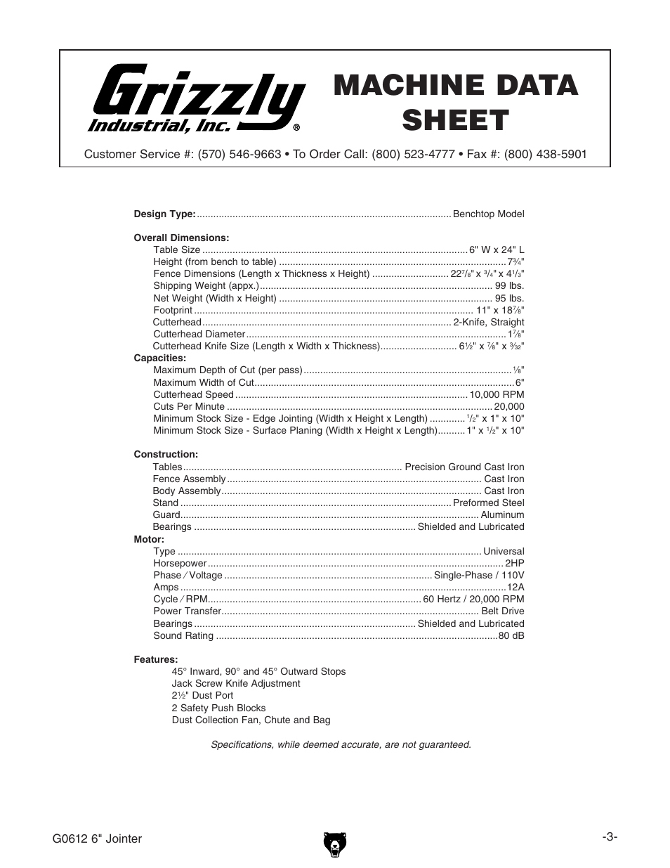 Machine data sheet | Grizzly G0612 User Manual | Page 5 / 44