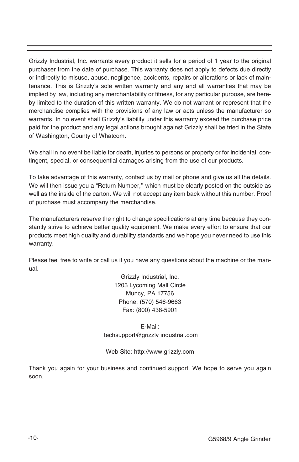 Warranty and returns | Grizzly G5968/9 User Manual | Page 12 / 14