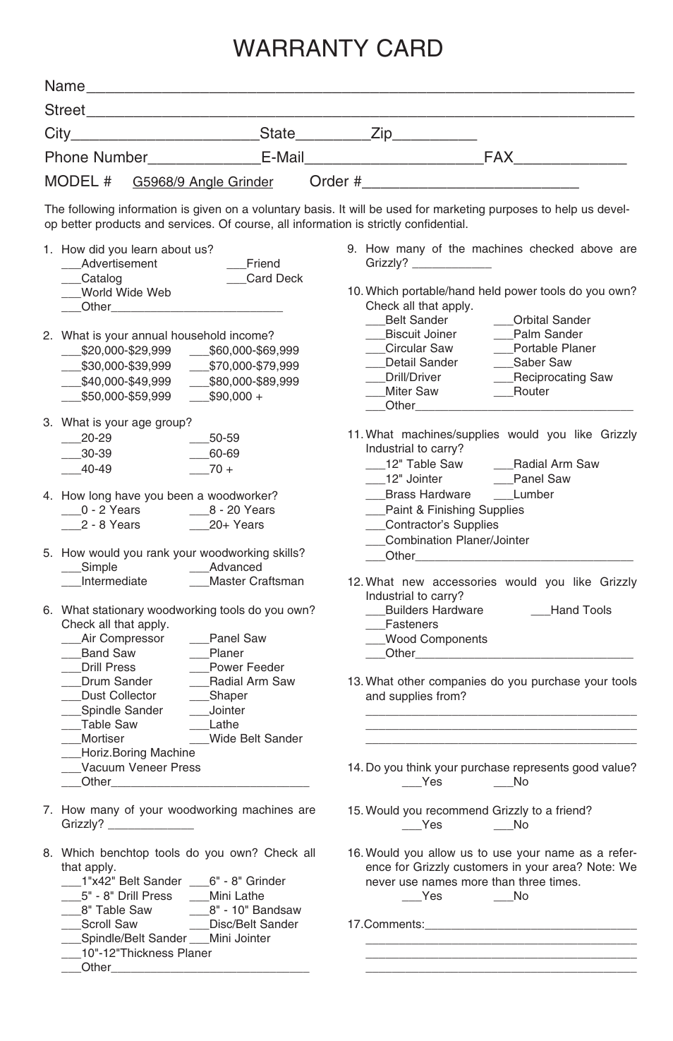 Warranty card, Name, Street | City, State, Phone number, E-mail, Model, Order | Grizzly G5968/9 User Manual | Page 13 / 14