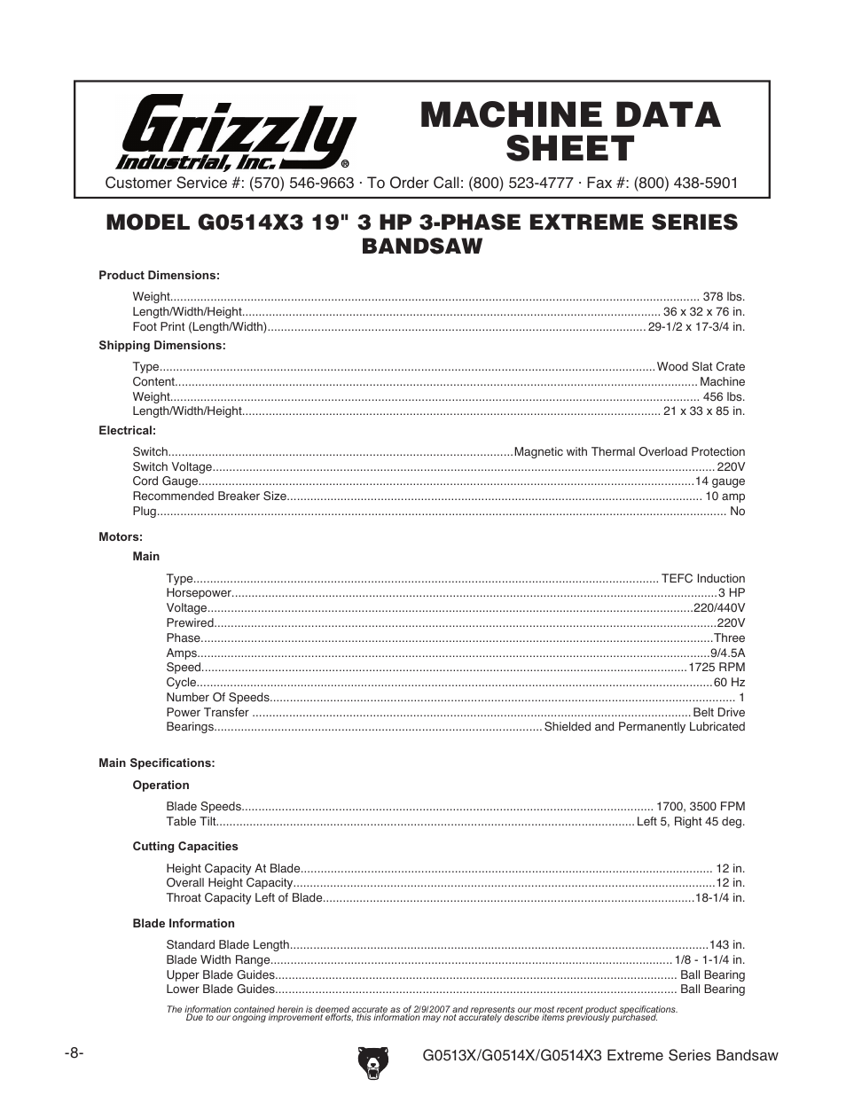 Machine data sheet | Grizzly G0514X3 User Manual | Page 10 / 76