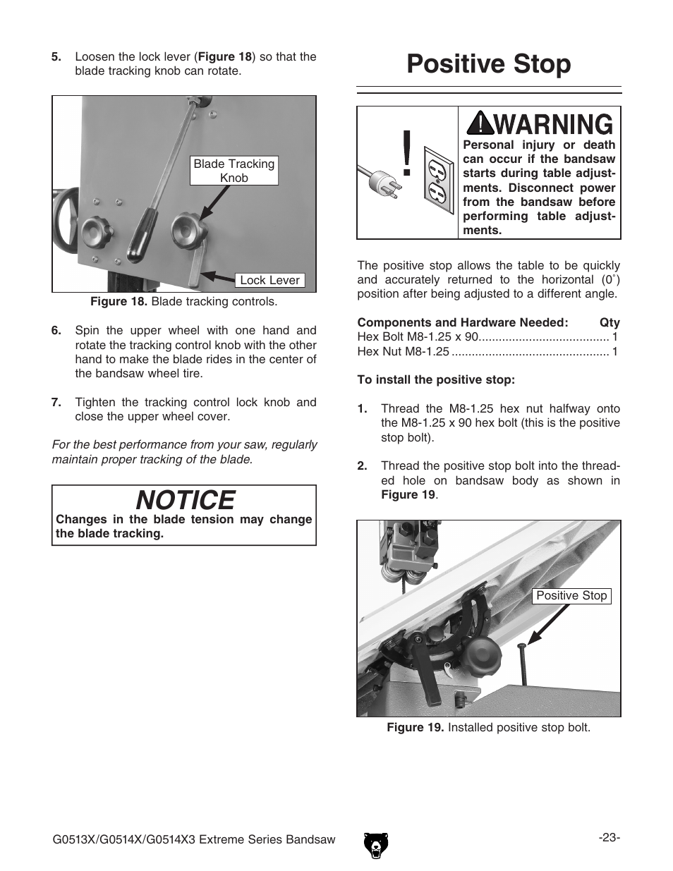 Positive stop, Notice | Grizzly G0514X3 User Manual | Page 25 / 76