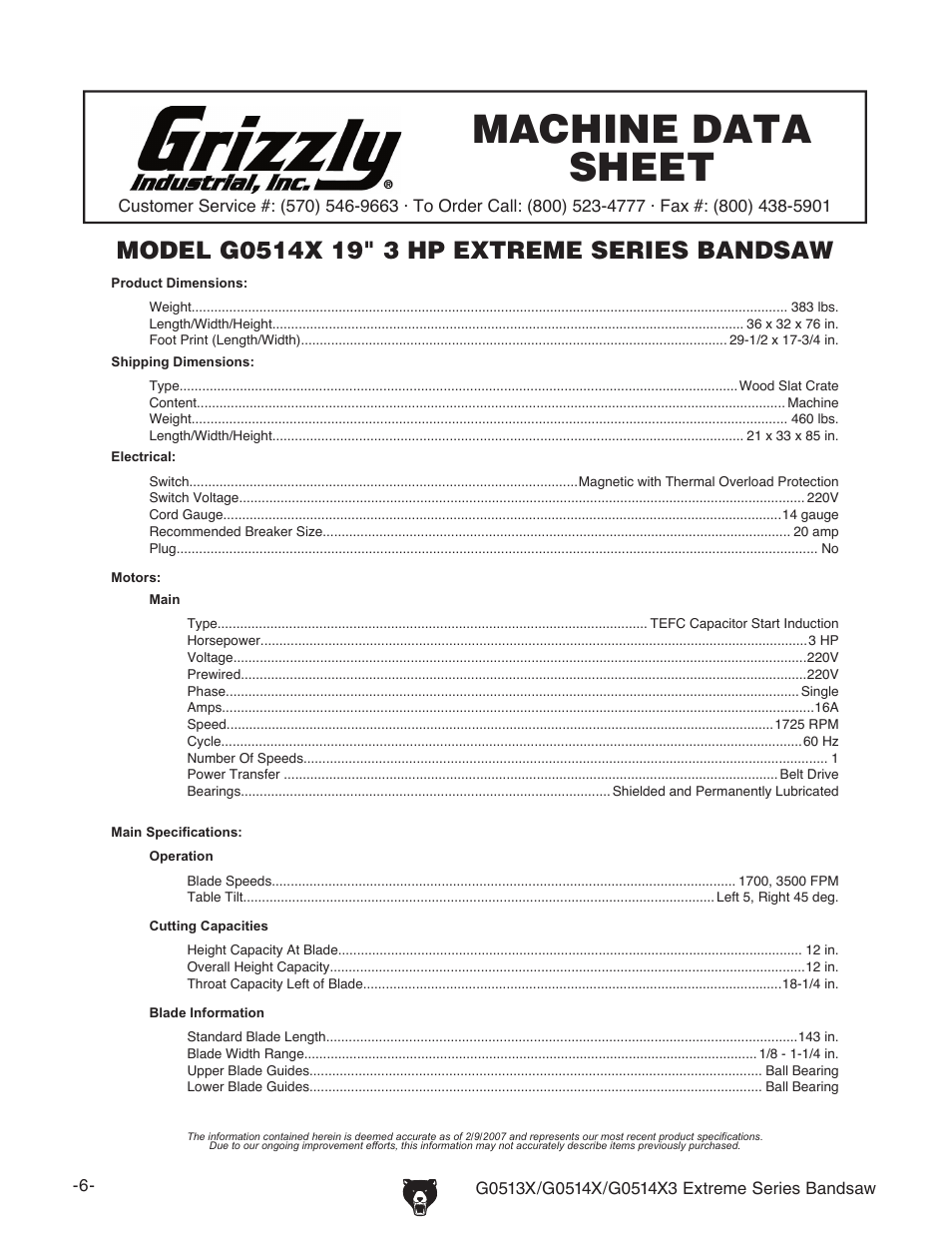 Machine data sheet, G0514x machine data sheet | Grizzly G0514X3 User Manual | Page 8 / 76