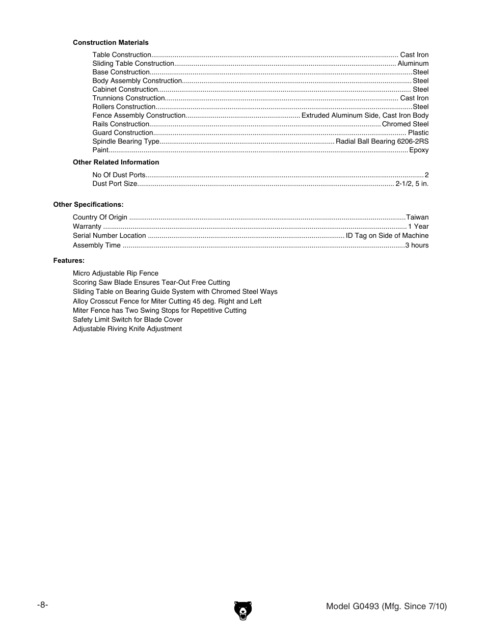 Grizzly G0493 User Manual | Page 10 / 104