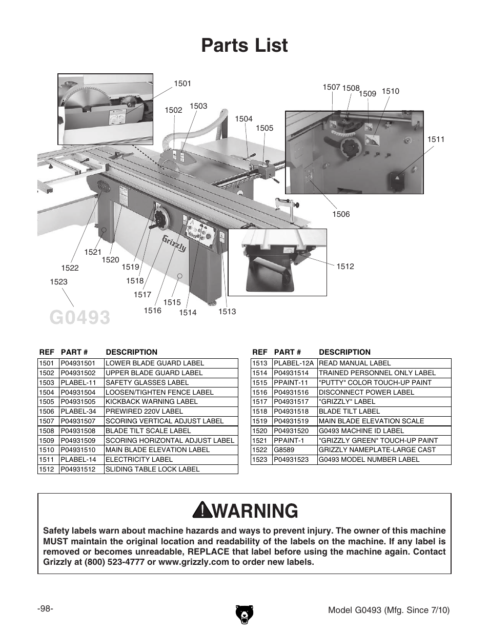 Parts list | Grizzly G0493 User Manual | Page 100 / 104