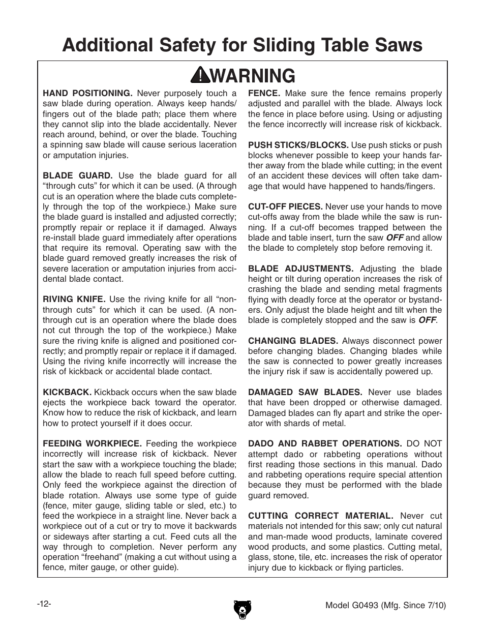 Additional safety for sliding table saws | Grizzly G0493 User Manual | Page 14 / 104