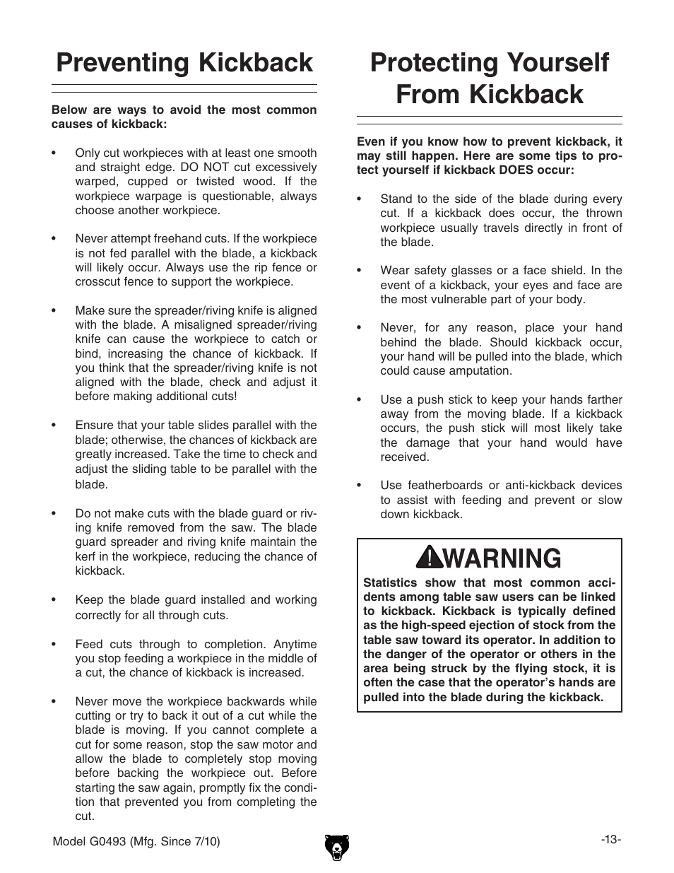 Preventing kickback, Protecting yourself from kickback | Grizzly G0493 User Manual | Page 15 / 104