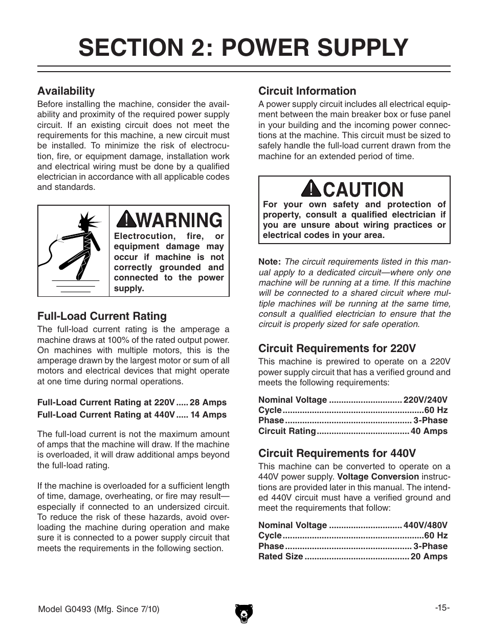 Section 2: power supply | Grizzly G0493 User Manual | Page 17 / 104