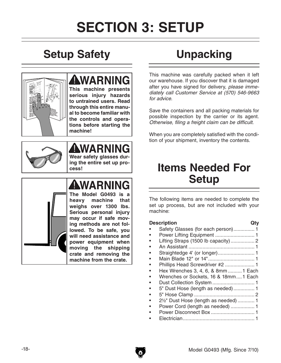 Section 3: setup, Setup safety unpacking items needed for setup, Unpacking setup safety | Items needed for setup | Grizzly G0493 User Manual | Page 20 / 104