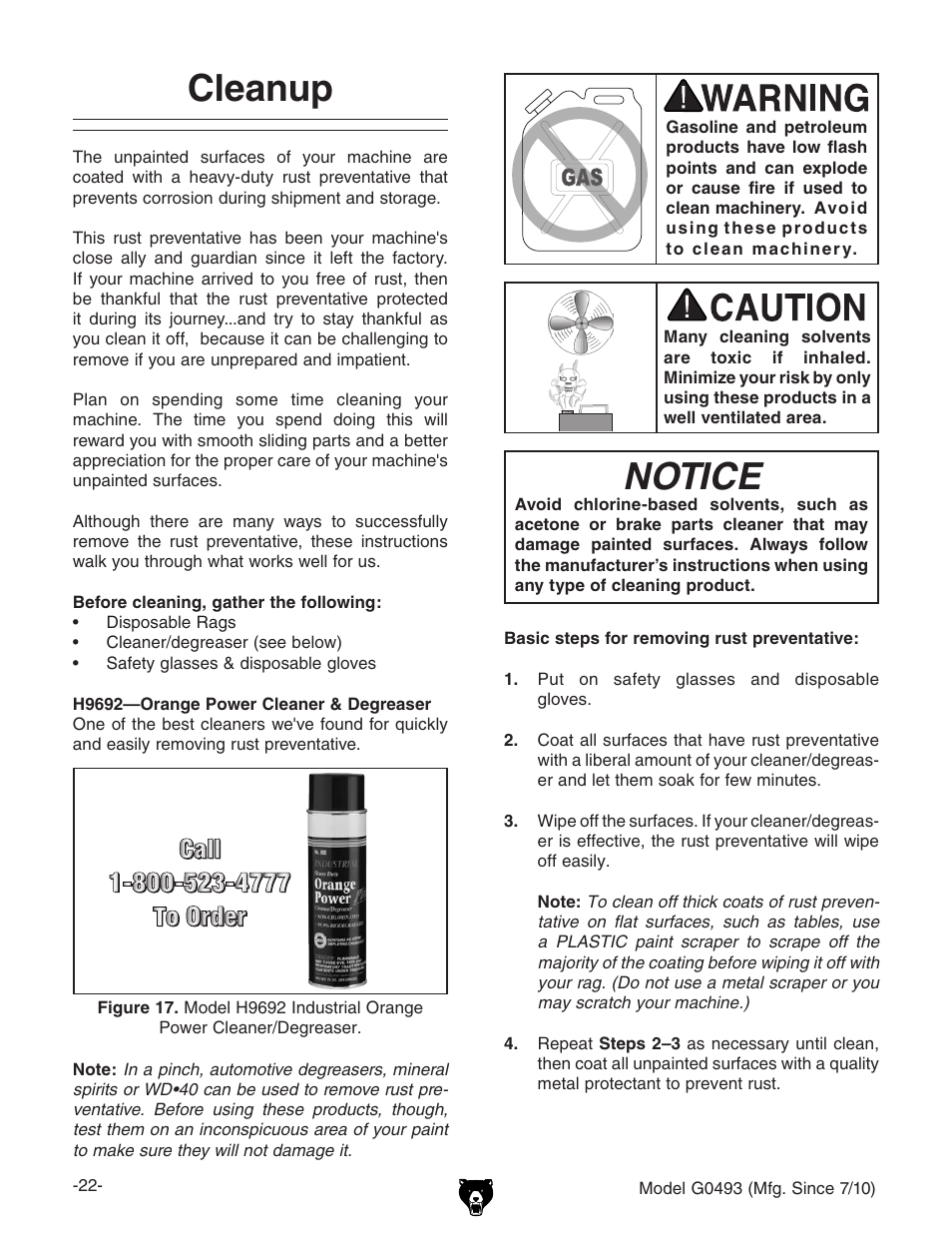 Cleanup, Notice | Grizzly G0493 User Manual | Page 24 / 104