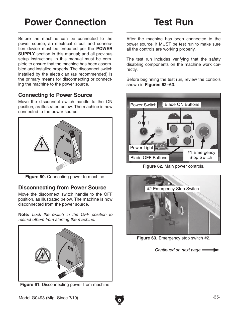 Power connection test run, Test run, Power connection | Grizzly G0493 User Manual | Page 37 / 104