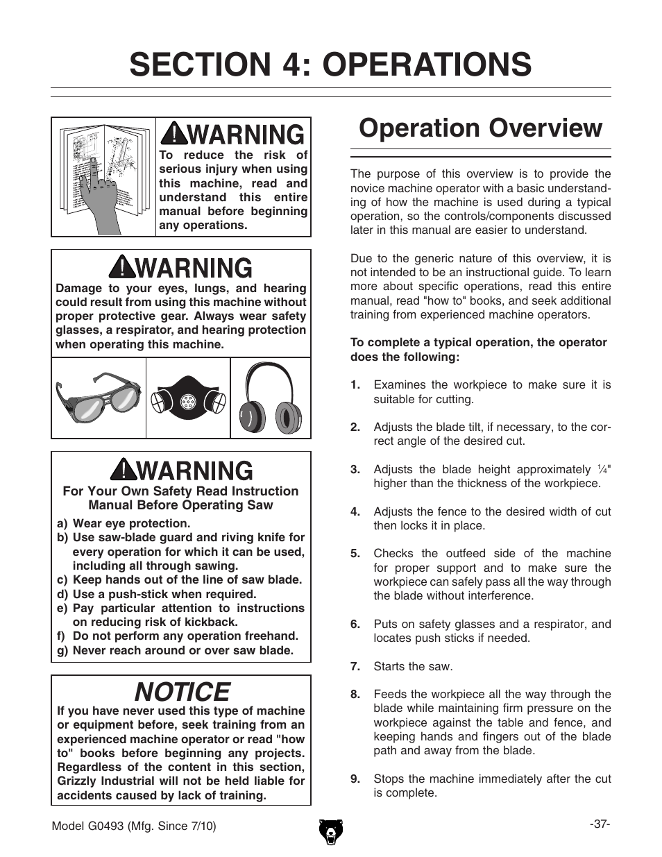 Section 4: operations, Operation overview, Notice | Grizzly G0493 User Manual | Page 39 / 104