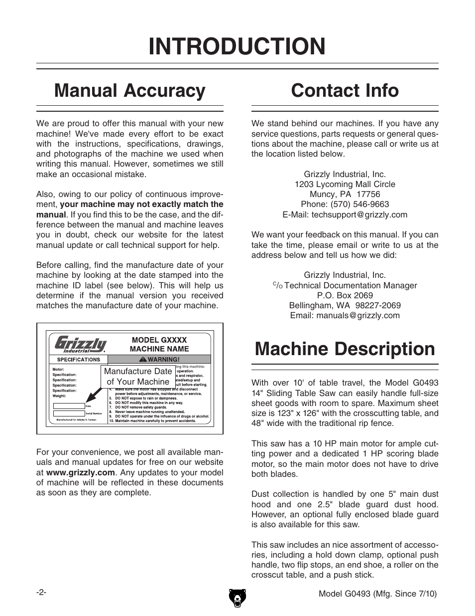 Introduction, Manual accuracy contact info machine description, Machine description | Contact info, Manual accuracy | Grizzly G0493 User Manual | Page 4 / 104