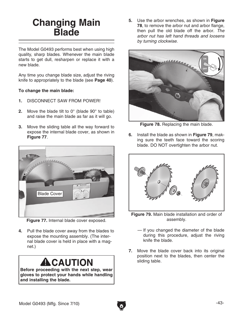 Changing main blade | Grizzly G0493 User Manual | Page 45 / 104