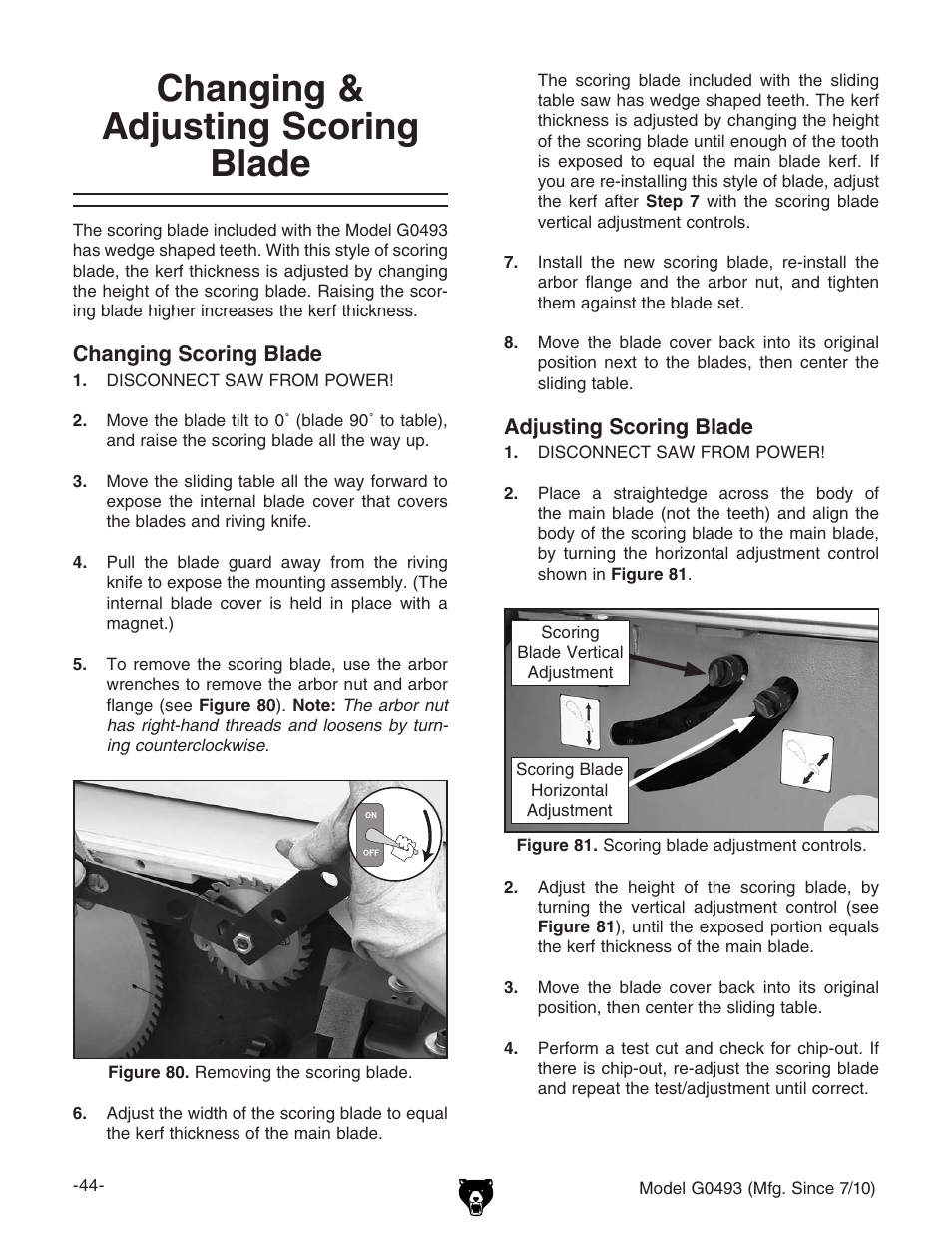 Changing & adjusting scoring blade | Grizzly G0493 User Manual | Page 46 / 104